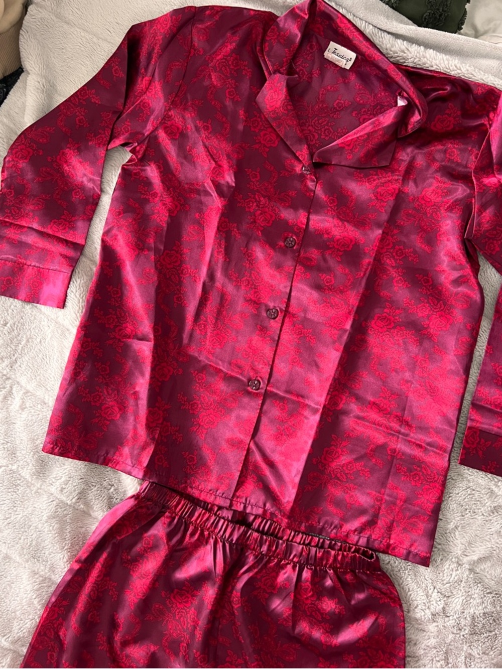 Red-Pink Floral Satin Pajama Set
